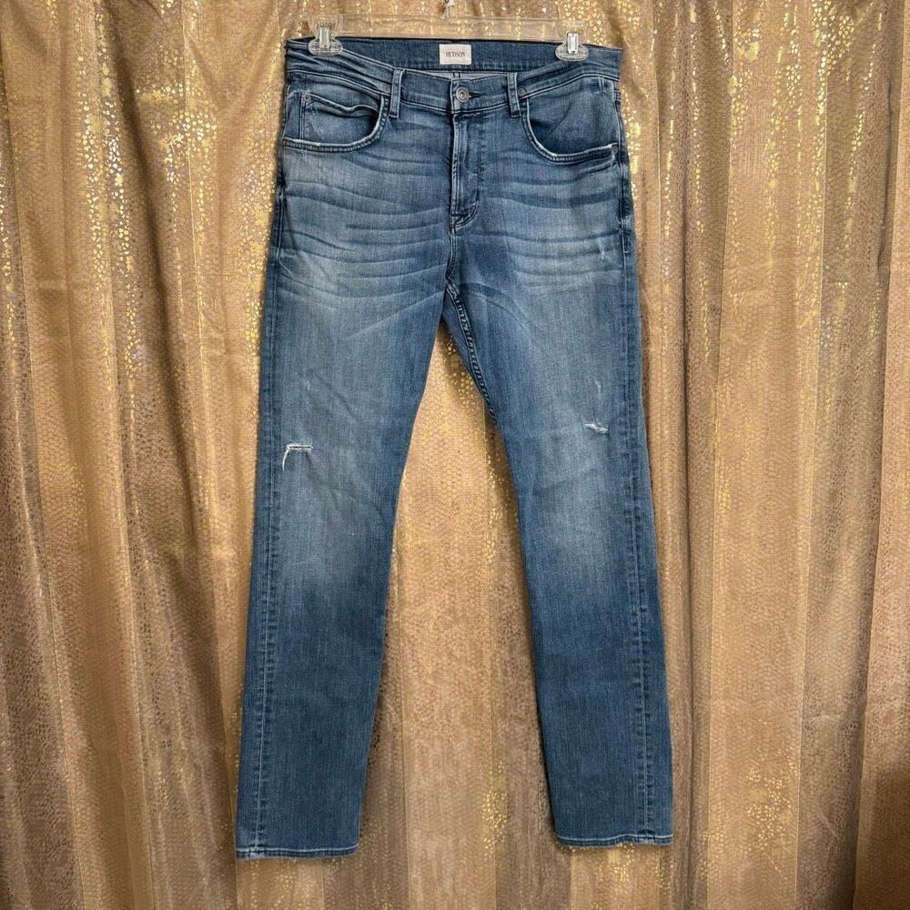Hudson Men's Blake Slim Straight Distressed Whiskered Jeans Size 33